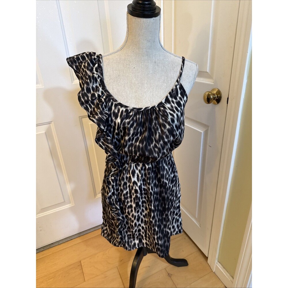 Y2K ANIMAL PRINT black asymmetrical slip dress sleeveless ruffled Envy Me Size L
